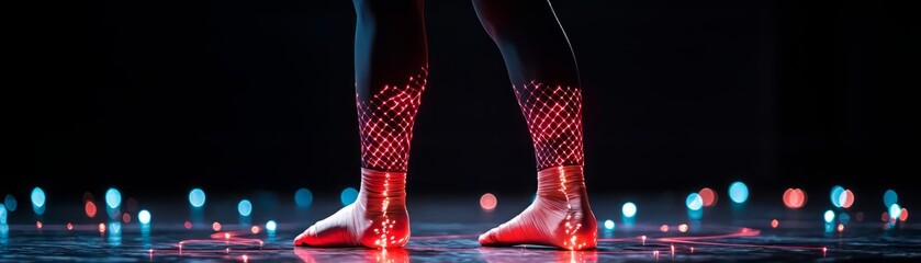Close-up of illuminated feet with artistic lighting in a dark environment, showcasing creativity and vibrant colors.