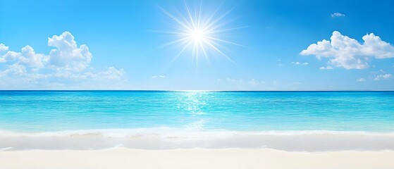 Obraz premium Bright summer sun shining over a tropical beach with clear blue skies. Concept Tropical Paradise, Summer Vibes, Clear Blue Skies, Sunlit Beach, Relaxing Atmosphere