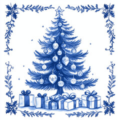 Delft blue porcelain style  christmas tree with gifts 