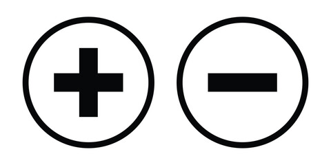 Plus and minus icon. Round plus and minus sign icon set. Set of plus and minus icons isolated on white background. Vector illustration.