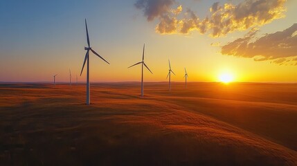 Obraz premium Wind turbines at sunset in a renewable energy wind farm, Ai Generation