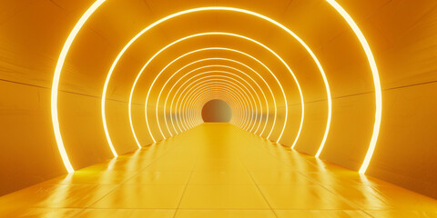 Empty yellow tunnel light room background. Abstract space tunnel interior. Modern perspective hall stage design. Futuristic neon road