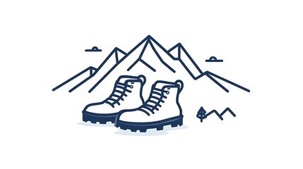 Fototapeta premium Minimalist Linear Vector Illustration of Hiking Icon with Boots and Mountain on White Background