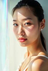 Naklejka premium Beautiful Asian Woman Natural Beauty Portrait Skincare Makeup Wellness Spa Cosmetics Glowing Skin Sunlight Shine Through Window