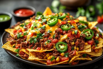 plate piled high with crispy corn nachos, savory minced meat, cheddar cheese, and jalapeno peppers