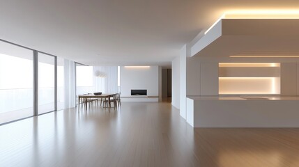 Modern Interior Design: Minimalist Living Room with White Walls, Wooden Floors, and Subtle Lighting