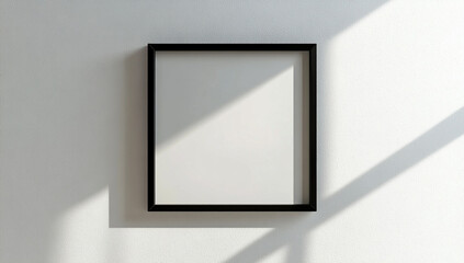 black frame mockup hanging on a white wall. Realistic black picture or poster in a thin wooden frame with shadows and reflections