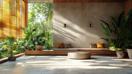 Modern living room with a view of lush greenery.