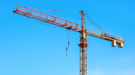 Towering crane lifting construction materials against blue sky backdrop