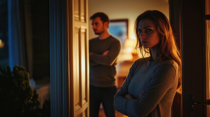 A jealous wife standing in the doorway, arms crossed, as her husband arrives home late.