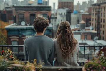 young couple looking at city from balcony. view from back. city of europe, old architecture. beautiful view. young guys travel. europe, america