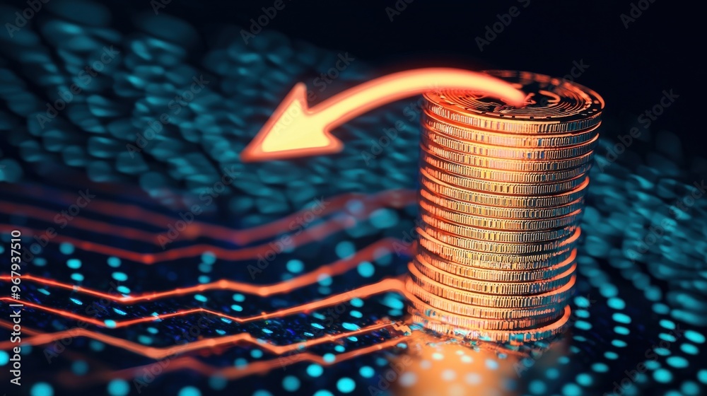 Poster a coin stack transforming into an arrow pointing upward, with abstract digital patterns surrounding 