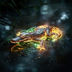 A glowing crocodile illuminated in a mysterious, dark swamp setting.