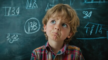 A kid frowning at a math problem on a blackboard, looking perplexed.