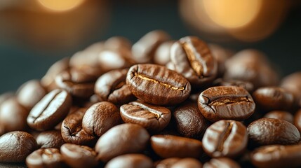 Fototapeta premium Close-up of roasted coffee beans with warm lighting, aromatic beverage concept