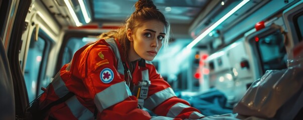European paramedic in uniform works in ambulance during a night shift, panorama banner. Generative AI.
