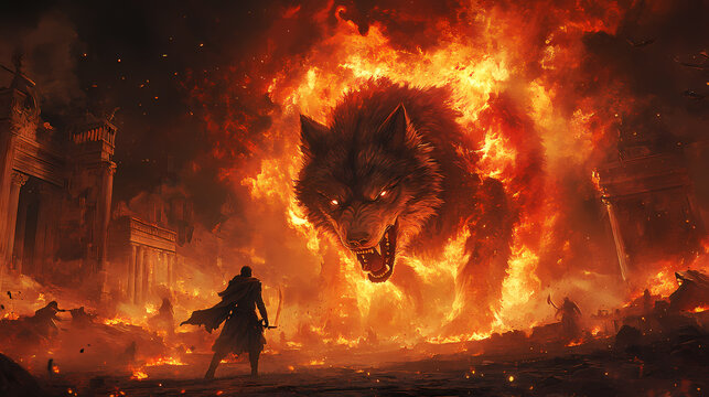 Fury of the inferno wolf: a lone warrior faces a colossal wolf wreathed in flames, amidst the ruins of a burning temple, in this epic fantasy scene. Cerberus. Illustration