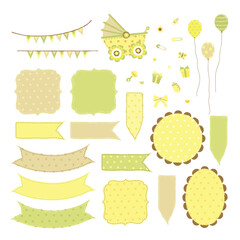 PrintSet of cute newborn baby item illustration with banner frame background memo notes template