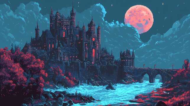 Futuristic pixel art vampire castle with advanced technology and looming tsunami in the background. Vampire. Illustration