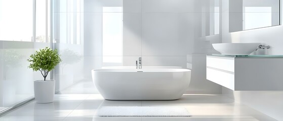 Fototapeta premium Spacious modern bathroom with central bathtub glass sink and white tones. Concept Spacious Modern Bathroom, Central Bathtub Design, Glass Sink Features, White Color Palette, Contemporary Aesthetics