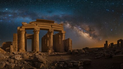 Fototapeta premium Ancient ruins under a starry night sky, showcasing the Milky Way.
