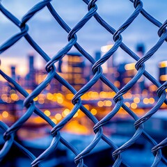 Steel mesh fencing in an urban setting, blurred cityscape in the background, close-up details, security concept, tension, industrial infrastructure