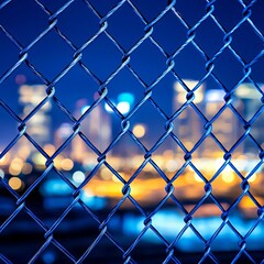 Fototapeta premium Steel mesh fencing in an urban setting, blurred cityscape in the background, close-up details, security concept, tension, industrial infrastructure