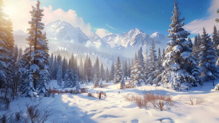 Vibrant winter panorama of snow covered fir trees in a majestic mountain forest for new year