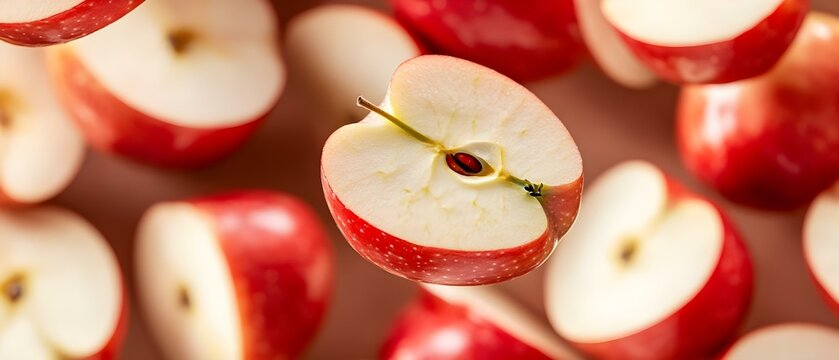 Striking depiction of sliced apples suspended in mid-air highlighting their elegance. Concept Sliced Apples, Aerial Photography, Elegance in Simplicity, Creative Food Art, Visual Composition