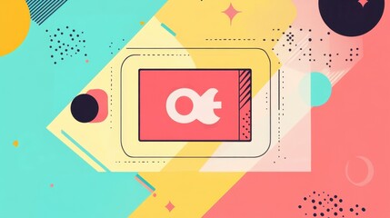 Obraz premium Minimalist vector artwork displaying a unique symbol at the center, surrounded by colorful geometric shapes and patterns in a playful style