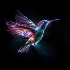 Vibrant hummingbird in flight with luminescent colors against a black background.