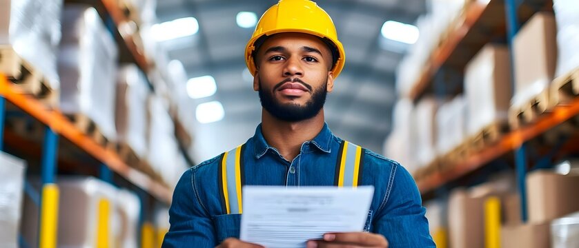 Worker reviewing inventory list in warehouse for accuracy and organization. Concept Inventory Management, Warehouse Organization, Accuracy Check, Stock Review, Operational Efficiency