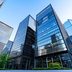 Fototapeta premium Modern skyscrapers with steel frames, urban skyline, blue sky reflection, symmetry, industrial innovation, futuristic cityscape, reflective glass buildings