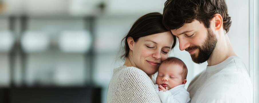 A loving couple cherishing their newborn baby in a cozy modern home, embodying the joy of parenthood and family connection.