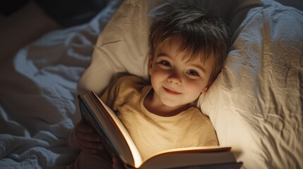 A kid snuggled in bed with a favorite book, looking peaceful and happy.