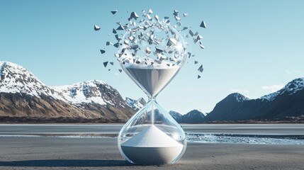 A digital hourglass with sand made of breaking and reforming shapes, the pressure of time during crisis management and the constant rebuilding process