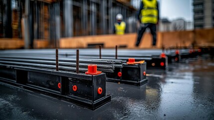 Close-up of steel reinforcement bars at a construction site, concrete foundation, labor-intensive work, black and white photography, industrial strength