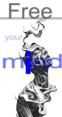 Graphic mainly monochromatic illustration of closed eyes person with text &ldquo;free your mind&rdquo; design on white background vertical poster design 