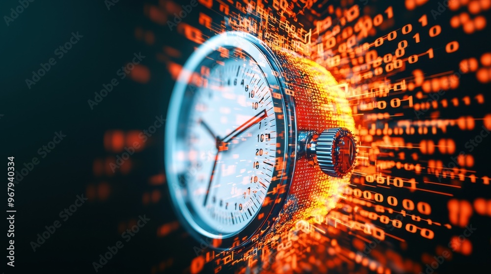 Poster a digital stopwatch in the center of the image, with abstract data and numbers swirling around it, r