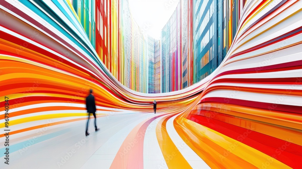 Poster a digital wave of colorful lines flowing through abstract skyscrapers, with each building displaying