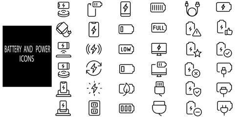 Battery and power simple concept 36 icons set. Contains such harge, battery, energy, electricity, charger, recharge.Vector illustration.