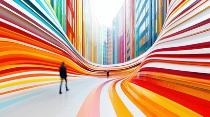 A digital wave of colorful lines flowing through abstract skyscrapers, with each building displaying unique corporate logos, innovation, brand differentiation, and corporate identity