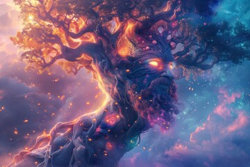 Obraz premium Magical enchanted tree of life with glowing roots in a mystical twilight setting