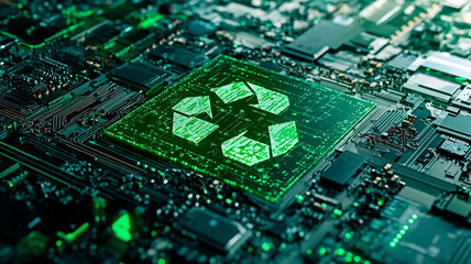 Concept of recycling electronics and Eco-friendly technology. Circuit board with recycle sign.