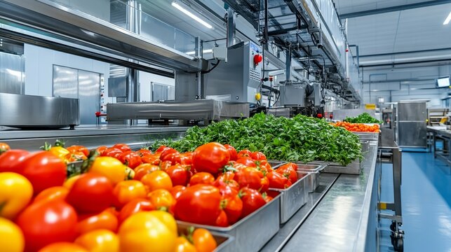 A food processing facility with tomatoes and herbs on conveyor belts for packaging.