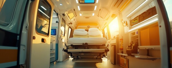 Obraz premium Modern ambulance inside vehicle safety interior, ambulance panorama banner. Generative AI