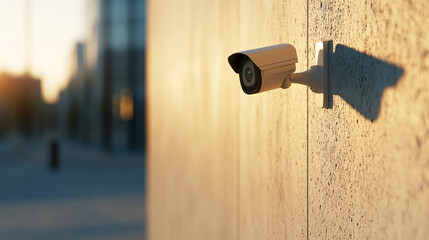 A side view of a CCTV camera mounted on an exterior wall of a contemporary building. The camera, enclosed in a weatherproof casing, faces outward, scanning the area for any movement. The concrete