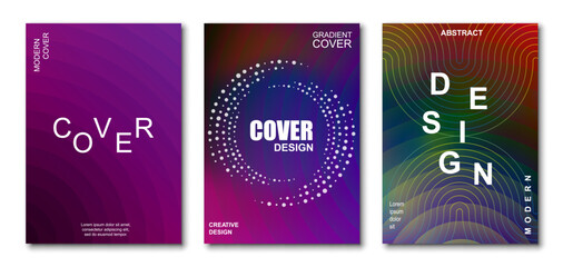 Modern gradient cover background design set. Brochure cover cards. Vibrant 3d geometric shapes compositions. Banner, cover, card, wallpaper, decoration, poster, brochure, leaflet. Template A4 size