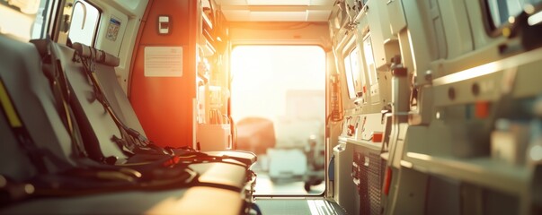 Modern ambulance inside vehicle safety interior, ambulance panorama banner. Generative AI