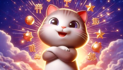 Cute Cartoon Cat with Golden Stars and Chinese Characters